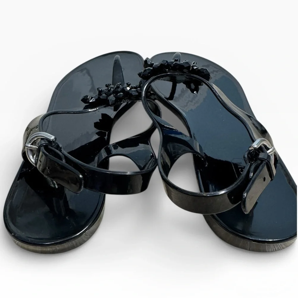 Coach Hilda Black Jelly Sandals Floral Beaded Accent Womens US 8 Summer Flats - Picture 4 of 9